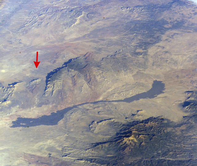 Trinity Site is noted by the red arrow. Located out in the desert, it was very secluded. Wikipedia / Public Domain 