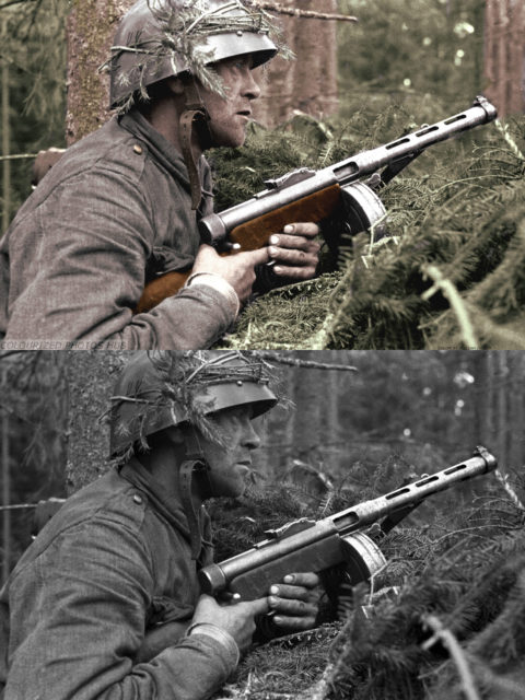 A Finnish sub-machinegunner in the Vuosalmi bridgehead, Karelian Isthmus1944, notice the Suomi KP-31 Submachine gun