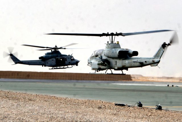 A UH-1Y from HMLA-367 and an AH-1W SuperCobra in Afghanistan, November 2009