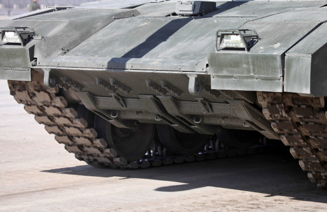 Close-up of the front of the new Armata, with the entrenching blade/mine countermeasures  visible. Wikipedia / Vitaly V. Kuzmin / CC BY-SA 4.0