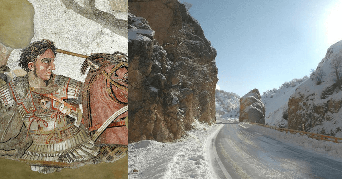 Right: The detail of the Alexander Mosaic showing Alexander the Great. Left:  The Persian Gate