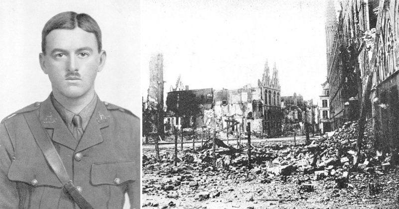 Henry John Innes Walker and the ruins of Ypres market square. Source: AWMM(left) / Wikipedia, Public Domain (right)