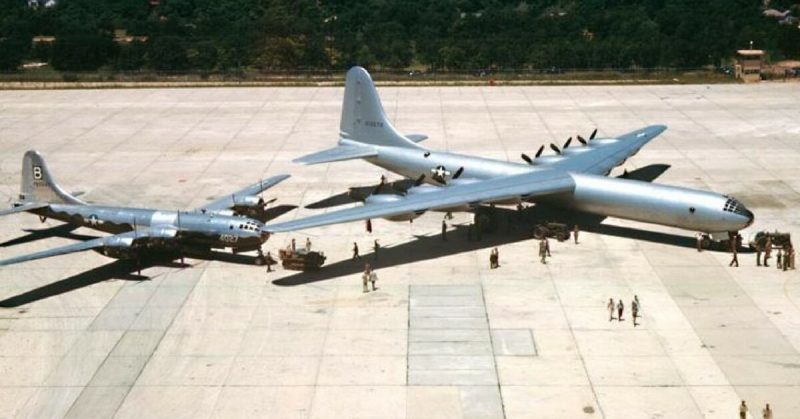 The huge new XB-36 prototype alongside the Boeing B-29 Super-fortress. Wikipedia / Public Domain