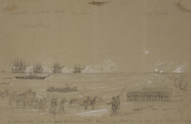 The Battle of Hatteras Inlet, Union Troops land in the foreground, with Harriet Lane and other smaller ships providing supporting fire close in, with the larger Naval vessel anchored out in the bay. Image Source: Wikimedia Commons/ public domain