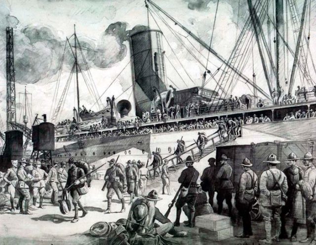 Newly Arrived Troops Debarking at Brest by Walter Jack Duncan. U.S. Army Center of Military History/Walter Jack Duncan/Public Domain