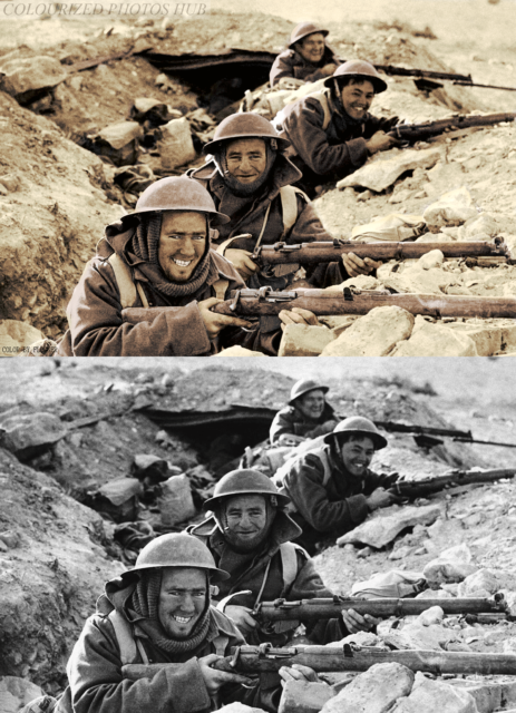 British Infantrymen in position in a shallow trench near Bardia, a Libyan Port, which had been occupied by Italian forces, and fell to the Allies on January 5, 1941