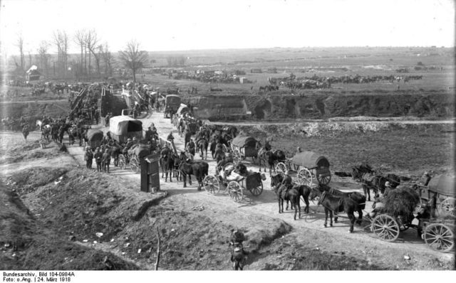 German supply column moving up near Étricourt-Manancourt, 24 March. Photo Credit.