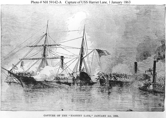 The final capture of the Harriet Lane by Confederate troops in Galveston Harbor. It spelled the beginning of the end for this valiant cutter. Image Source: Wikimedia Commons/ public domain
