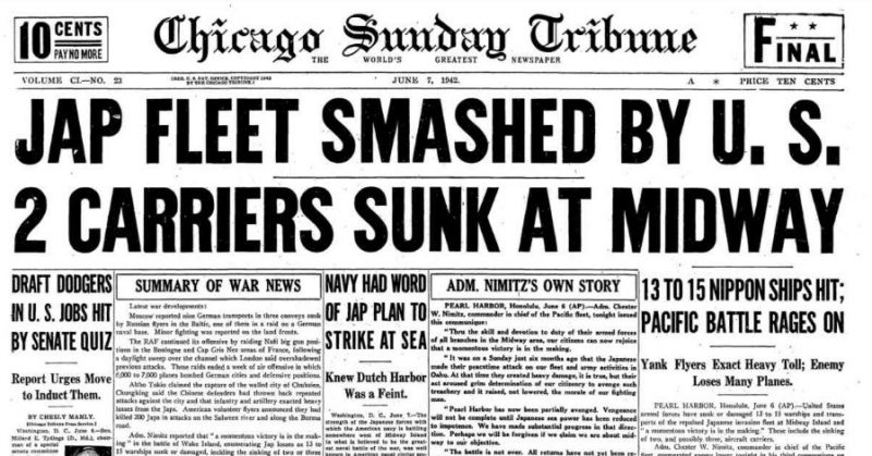 The Chicago Tribune newspaper of June 7, 1942, with evidence the U.S. had cracked the Japanese naval code. <a href=http://archives.chicagotribune.com/1942/06/07/page/1/article/even-tho-its-a-real-glockenspiel-they-still-like-to-sleep>Photo Credit</a>