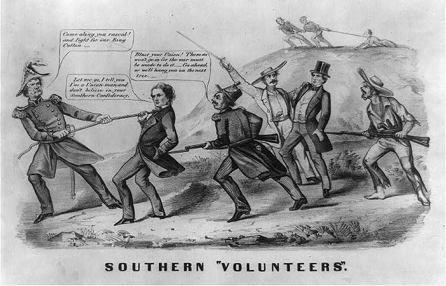 Civil War Era propaganda depicting the reluctance of citizens to join the Confederate Army. Wikipedia / Public Domain