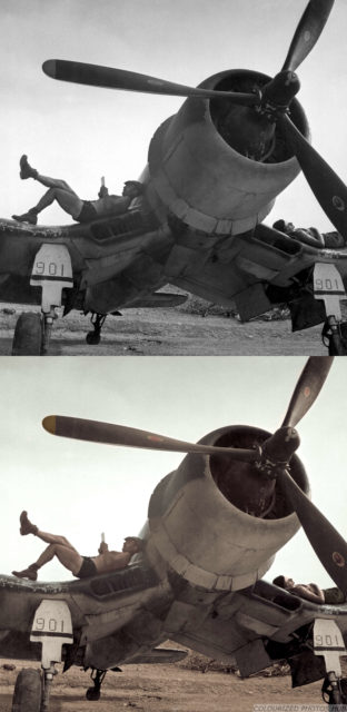 U.S. Marines of Marine fighter squadron VMF-222 Flying Deuces relaxing in between strikes on a Vought F4U-1 Corsair on Bougainville, Solomon Islands, in April 1944