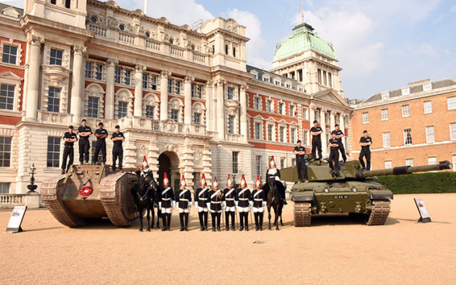 A sublime moment: Troops from the Blues & Royals join their comrades from the Royal Tank Regiment to pose with the MkIV and a Challenger 2.
