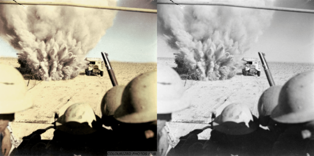 El Alamein 1942, a mine explodes close to a British truck as it carries infantry through enemy minefields and wire to the new front lines