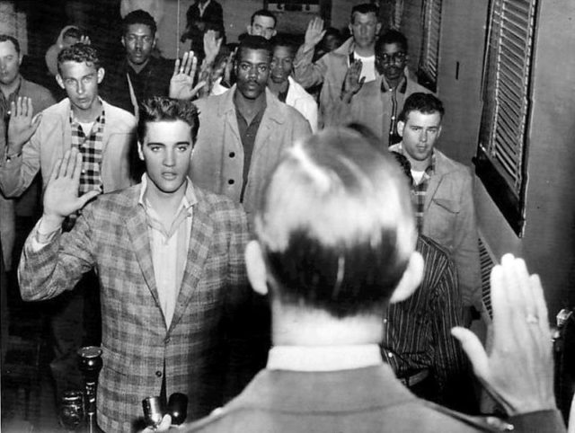 Elvis Presley being sworn into the United States army. eBay/Associated Press/Wikipedia/Public Domain.