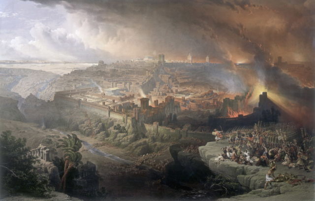 The destruction of Jerusalem by the Romans in 70AD -- a painting by David Roberts (1796-1849). Public domain.