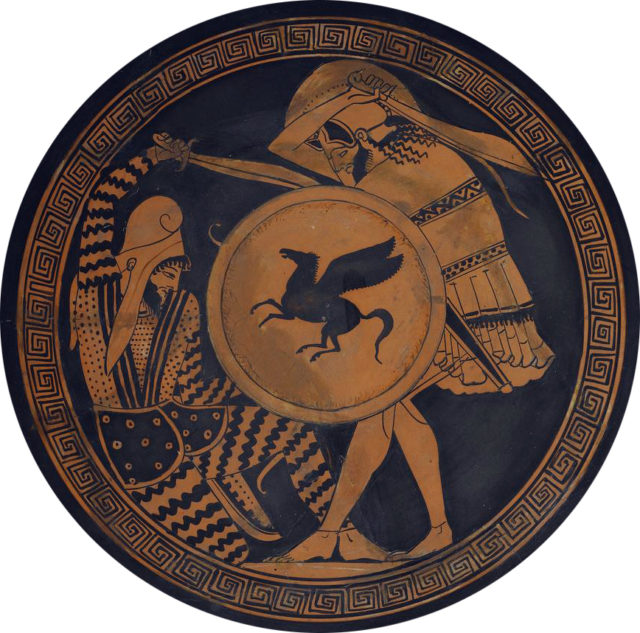 Greek hoplite besting a Persian, on the tondo of a kylix drinking cup from the 5th century BC.