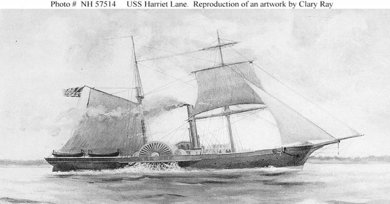 A pencil sketch of the Harriet Lane under both sail and steam. Most steam ships of the period still used sails, if only in an auxiliary roll. The combination of the tow allowed the Harriet Lane to reach 13 knots! 