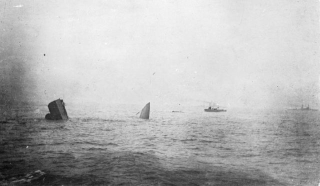 The bow and stern of HMS Invincible standing upright on the bed of the North Sea after being sunk during the Battle of Jutland. Wikipedia / Public Domain