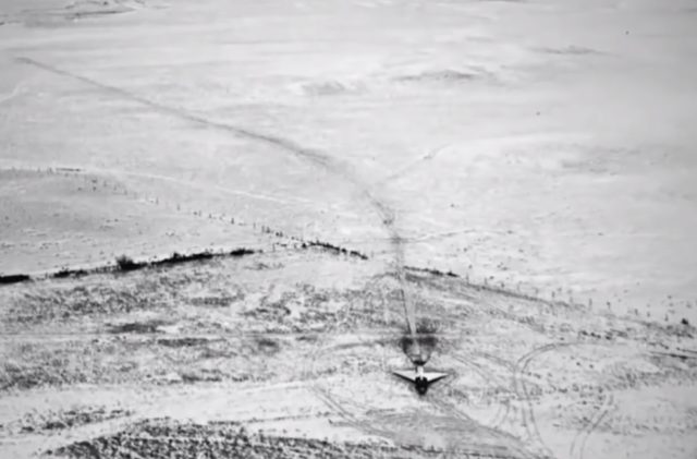 58-0787 after making a right turn to avoid the stone wall Image Source: War Fighters (https://www.youtube.com/watch?v=KiSGeHVfGic)