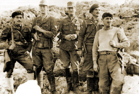 The saboteurs: (left to right): George Tyrakis, Stanley Moss, Leigh Fermor, Manolis Paterakis and Leonidas Papaleonidas. Photo Credit