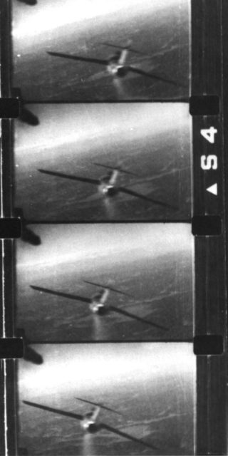 Film from the gun camera of Major Davis’ F-86E Sabre 51-2752 shows a MiG 15 smoking after being hit, 13 December 1951.