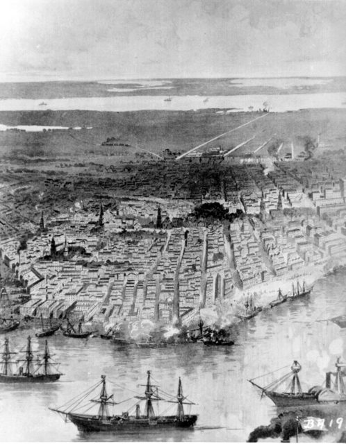 The capture of New Orleans, with the Union Fleet at anchor in the foreground. Image Source: Wikimedia Commons/ public domain
