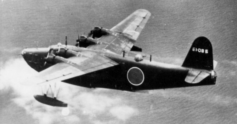 An H8K2 51-085 of the 851st Kōkutai in flight, before being shot down by a U.S. Navy PB4Y-1, 2 July 1944.