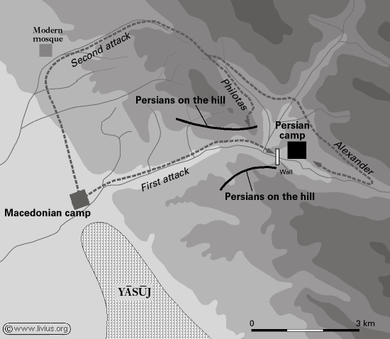 A map of the Battle and supposed flanking route by Alexander. Image By Livius, CC BY-SA 3.0, Wikipedia