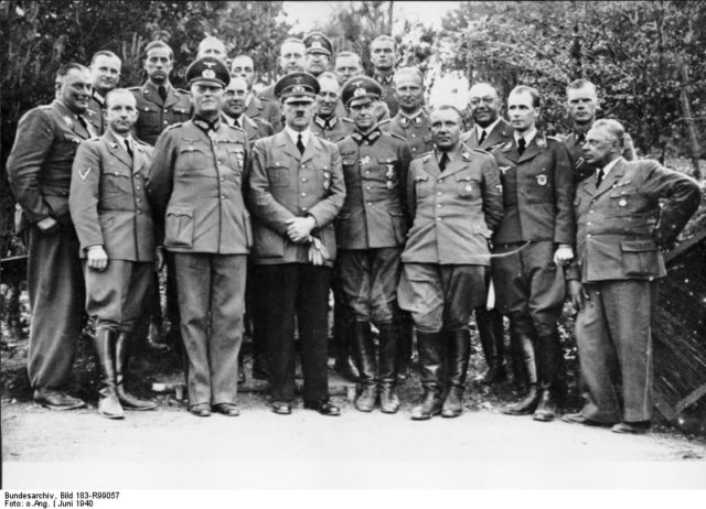 Adolf Hitler with his staff including Keitel, Jodl, Bormann, and others at Wolf's Lair, Rastenburg, East Prussia, Germany, Jun 1940 (Bundesarchiv, Bild 183-R99057 / o. Ang. / CC-BY-SA 3.0, CC BY-SA 3.0 de)