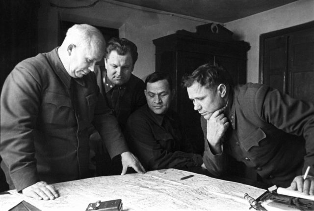 "The members of the Military Council of the Stalingrad Front." The members of the Military Council of the Stalingrad Front (left to right): Member of the Politburo of the CPSU (b), the secretary of the Communist Party (Bolsheviks) of Ukraine Nikita Khrushchev, member of the Military Council of the Front for the rear, Major-General Alexei Ilarionovich Kirichenko, 1st Secretary of the Stalingrad regional party Alexey Semenovich Chuyanov, commander of the South-East (Stalingrad) front, General Andrei Ivanovich Eremenko. The Great Patriotic War (1941-1945). Russia, Volgograd (RIA Novosti archive, image # 882837 / Knorring / CC-BY-SA 3.0 / Wikipedia)