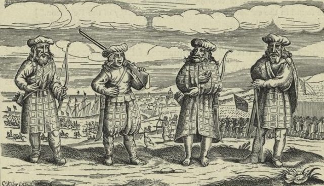 One of the earliest depictions of the kilt is this German print showing Highlanders in about 1630.