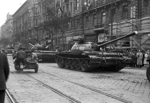 Soviet T-54 tanks in Budapest. 