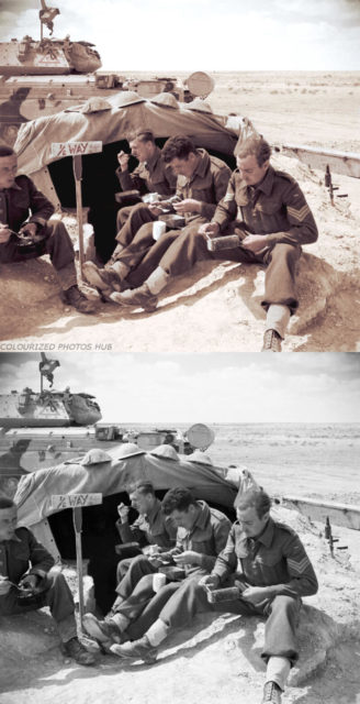 The crew of a Crusader tank eat their breakfast beside their vehicle North Africa March 1942