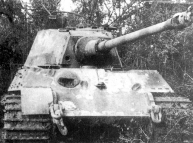 This Tiger II was hit at least 8 times by an M36 Jackson's 90mm gun; none of the hits caused crew injury or fatal damage. However, one of its shots was a lucky one and disabled the gun (note damage to the muzzle-brake), thus the tank crew could not return fire and had to abandon their tank.