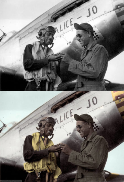 Tuskegee Airmen Capt. Wendell O. Pruitt with his crew chief, S Sgt. Samuel W. Jacobs, c. November 1944