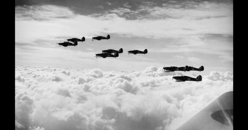 Hawker Hurricane Mk I aircraft of No 85 Squadron, Royal Air Force on patrol during the Battle of Britain.
