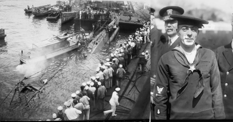 Left: Ajax hauling up USS O-5 (SS-66), Right: Henry Breault just after receiving his Medal of Honor, 8 March 1924.