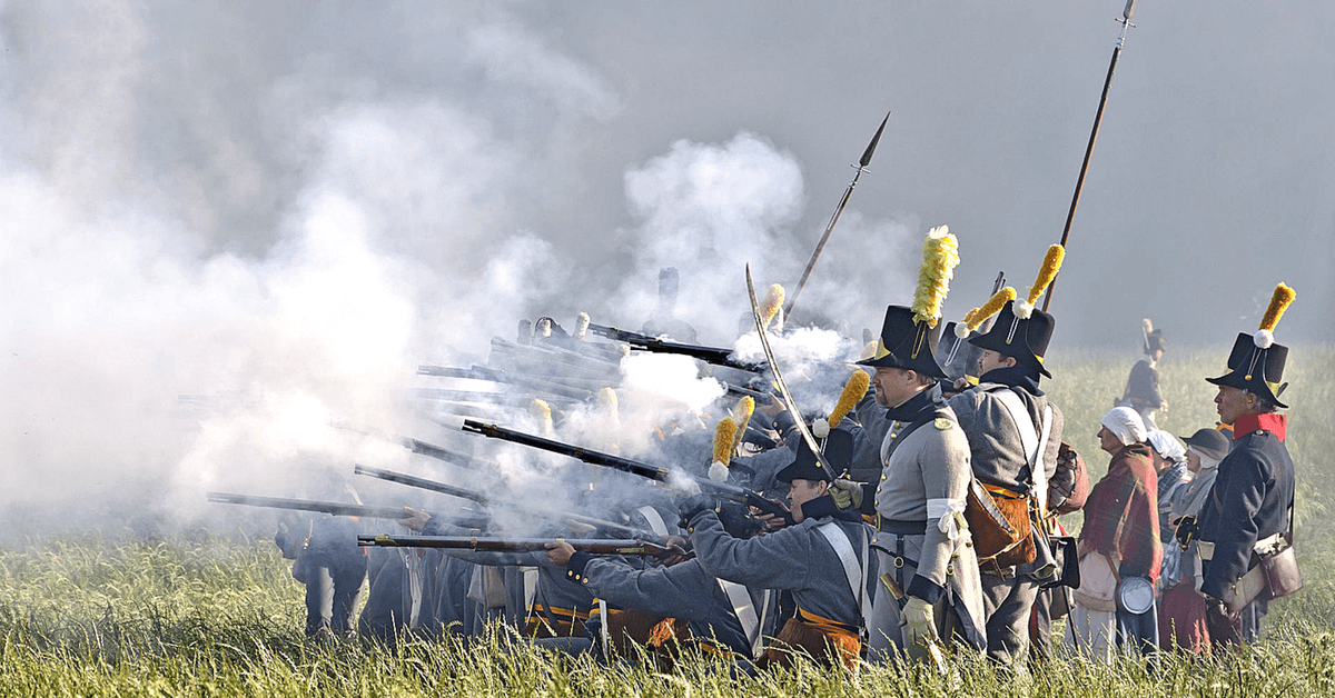 Actors fire a Volley During the Annual Battle of Waterloo reenactment which takes place on the actual Battlefield. Myrabella - CC BY-SA 3.0