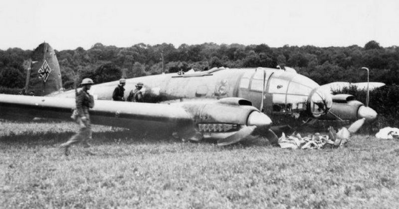 Heinkel He 111 P of Stab/KG 55 which crash-landed at Hipley in Hampshire on 12 July 1940. It was shot down by Hurricanes of 'B' Flight, No. 43 Squadron over Southampton Water.