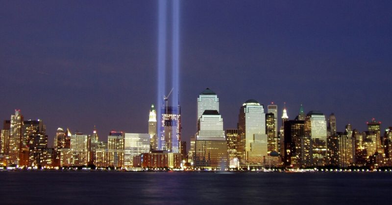 The Beautiful 'Tribute in Light' Memorial Beams Two Columns of Light into the Sky from Ground Zero, New York. This Picture of the 2004 memorial is by Wikipedia user Tysto, and is in the public domain