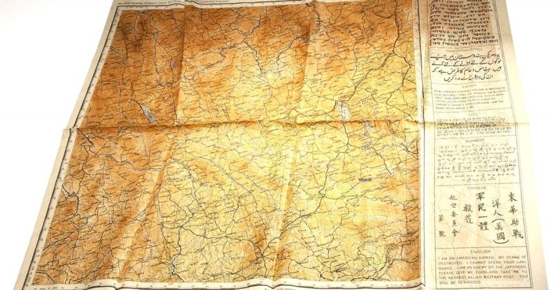 
An Example of a Silk Escape and Evasion Map. Printed on silk, which is durable, this map doesn’t rustle at night and can be folded up very compactly to be more easily concealed. The map is printed with waterproof dyes so the colors would not run if it got wet, CIA Museum. Wikipedia / Public Domain