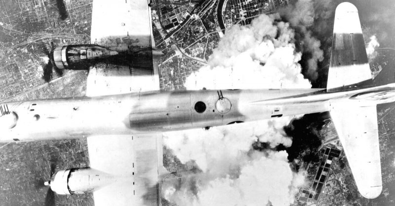 An American B-29 bomber over Osaka, Japan on 1 June 1945