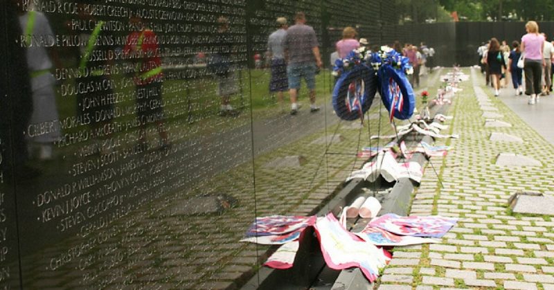 Many Items are left at the wall every year. <a href=https://commons.wikimedia.org/wiki/File:Vietnam_Veterans_Memorial.jpg>Photo Credit</a>  