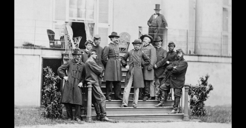 The south steps of the Confederate White House teeming with Southern officers and soldiers. Freedwoman Mary Bowser, posing as a slave, often spied here for the Union. 