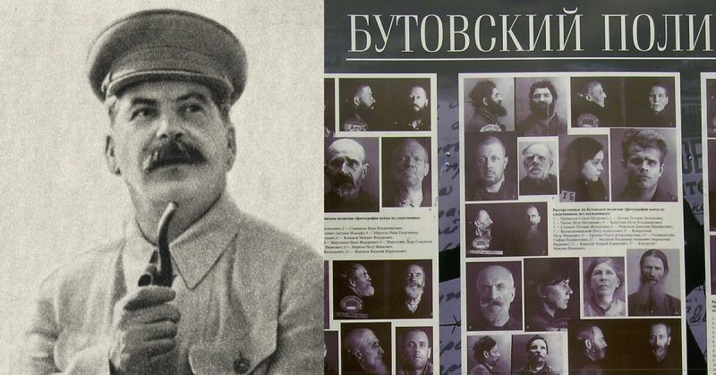 Left: Joseph Stalin; Right; Memorial  plaque with photos of victims of the Great Purge who were shot in the Butovo firing range near Moscow.