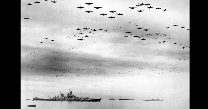 Planes fly over USS Missouri, 1945. Source: Public Domain