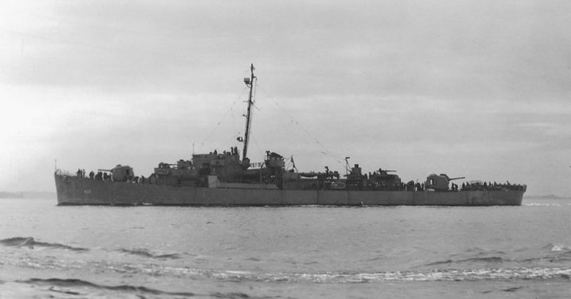 The U.S. Navy destroyer escort USS Samuel B. Roberts (DE-413) photographed circa in June 1944, while off Boston, Massachusetts (USA)