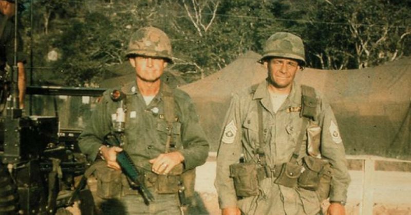 LTC Hal Moore and Sgt. Major Basil Plumley, the day they returned from the Ia Drang battle, 1965. 