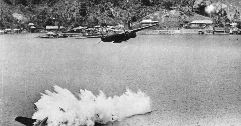 Two of twelve USAAF A-20 Havoc light bombers on a mission against Kokas (Western New guinea) in July of 1943. One bomber was hit by anti-aircraft fire after dropping its bombs, and plunged into the sea, killing both crew members. The low bomb runs were more accurate against shipping and harbor installations but became very risky. The Japanese had their highly effective 75 mm anti-aircraft guns, mostly well camouflaged, positioned in gun pits all around the harbors and airfields.