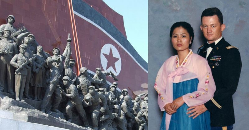 Left: The Memorial of Soldiers at the Mansudae Grand Monument. Right: Retired Army Lt. Col. Stephen Tharp is pictured with his wife, Chang Sun, at a military social in 1988. Tharp has worked for the U.S. government for more than 40 years and has become an expert on U.S.-Korean affairs. Courtesy of Stephen Tharp.